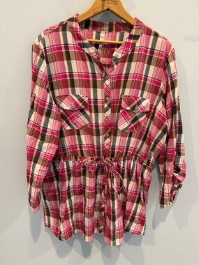 Cielo Pink Blue Brown Plaid Button-Up Top